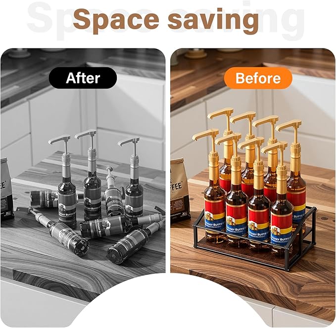 kimilus Coffee Syrup Organizer Rack, Liquor Bottle Display Shelf, 2 Tier 8 Syrup Bottles Holder Stand for Coffee Bar Kitchen Small Wine Rack for Family Storage for Syrup Wine Dressing