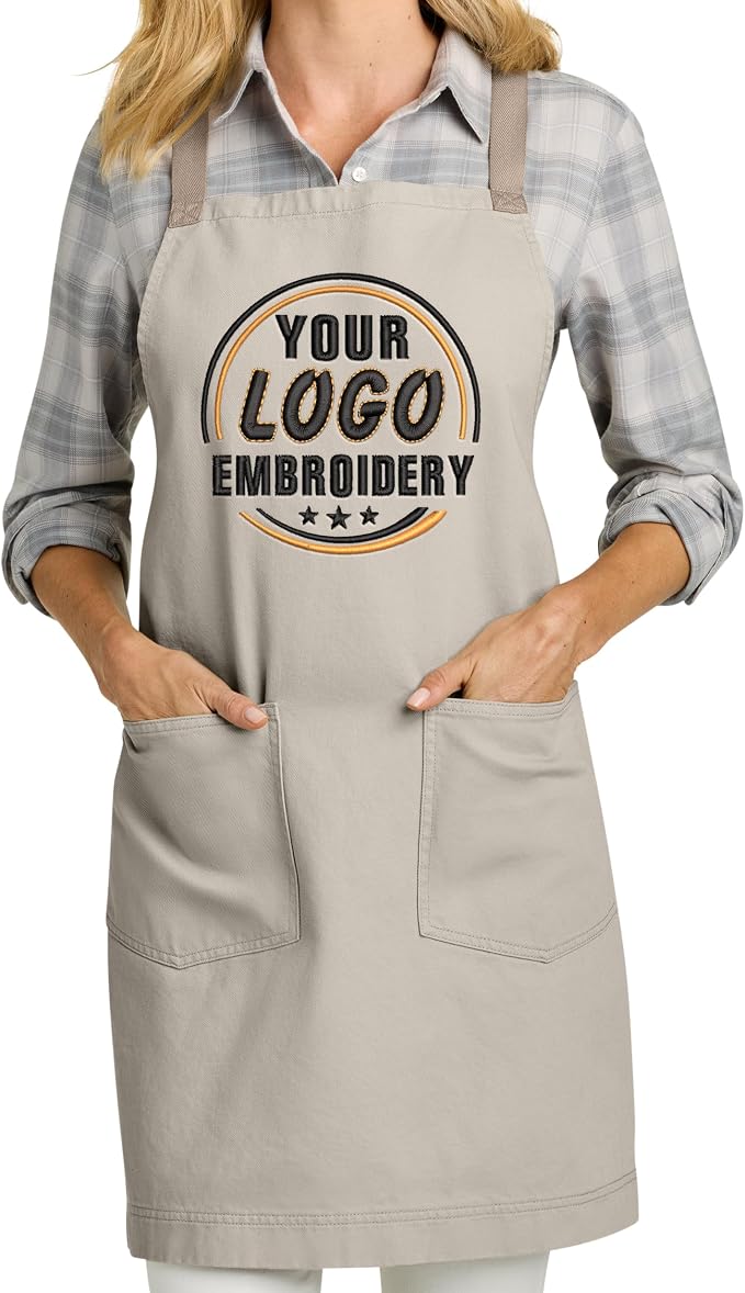 TEEAMORE Custom Apron with Pockets for Women Men Add Your Text Logo Chef Kitchen Cotton Adjustable Crossback Straps by Teeamore