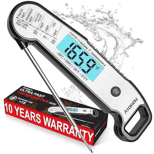 Atogou Meat Thermometer, Professional Food Thermometer, <1 Sec Instant Read, ±0.5℉ Accuracy, Thermocouple Sensor, Waterproof Digital Thermometer for Cooking, BBQ, Grill, Him Dad Birthday Gifts, Silver