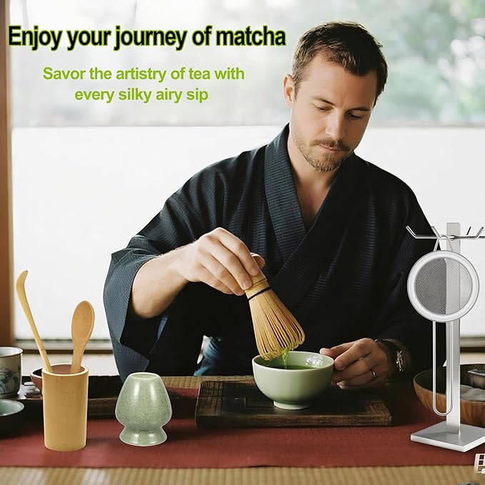 Bamboo Matcha Whisk Set 5Pcs, Matcha Whisk, Ceramic Whisk Holder (Green), Sifter, Traditional Tea Scoop and Tea Spoon, Japanese Matcha Ceremony, Gift for Matcha Lovers Beginner
