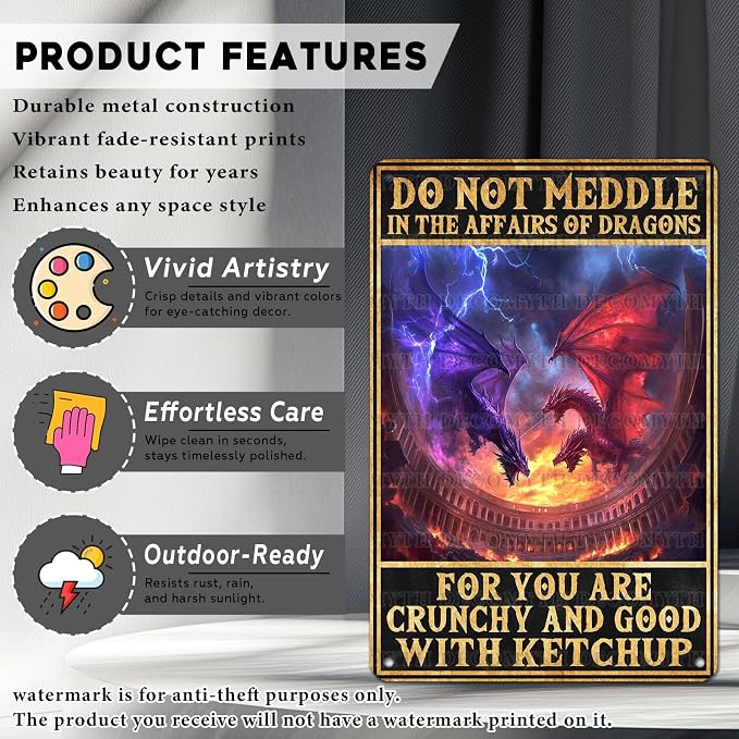 Vintage Dragon Tin Sign Do Not Meddle in the Affairs of Dragons Retro Wall Decor Nostalgic Art Funny Metal Poster Indoor Store Cafe Toilet Kitchen Bar Office Boys Room Pubs Shop 12 * 8inch - Image 2