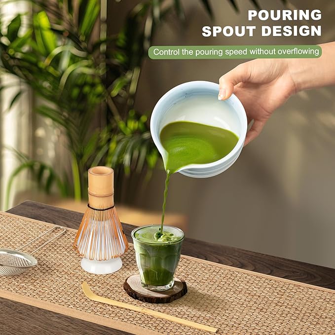 Dayacoco Matcha Whisk Set,Ceramic Matcha Kit Set Includes Bowl with Spout, Whisk,Holder,Bamboo Scoop and Sifter,5 pcs Matcha Tea Kit for Matcha Lovers, Ideal Gift Christmas, Birthday (Blue gradient)