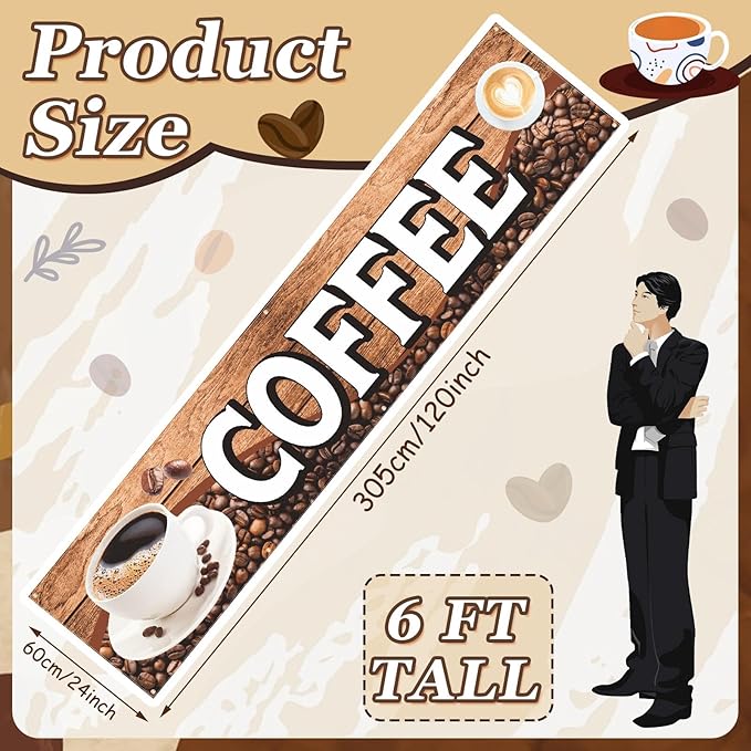 Tegeme Large Coffee Banner Sign Coffee Shop Banner Flag 2x10 Ft/ 24 x 120 Inch Oxford Fabric Cafe Business Sign for Easy Hang Indoor Outdoor