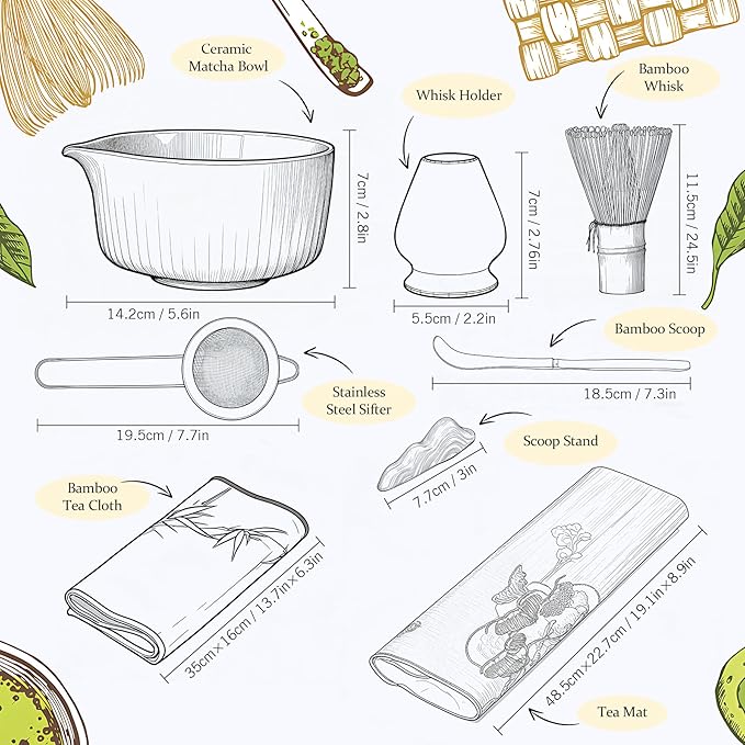 Pink Traditional Matcha Set Whisk and Bowl, 8 Pcs Matcha Making Kit Includes Ceramic Bowl with Spout, Bamboo Whisk, Holder, Scoop, Sifter, Tea Towel Cloth and Mat-Ceremonial Matcha Starter Kit Gift