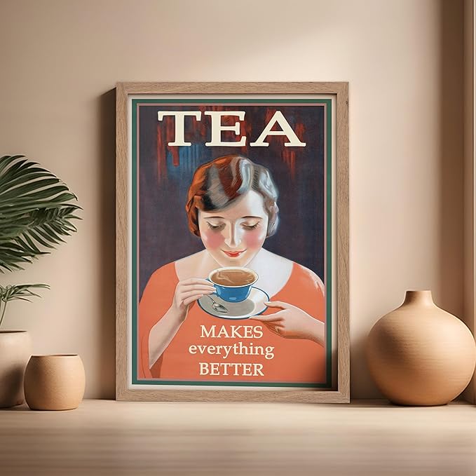 Poster Master Vintage Tea Makes Everything Better Print - Retro Food & Drink Poster - Positive Quotes Art - Gift for Women, Tea Lover - Decor for Kitchen, Teahouse - 16x20 Beige Framed