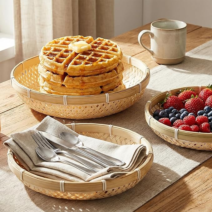 Hiceeden 3 Pack Round Bamboo Serving Trays, Decorative Wicker Basket Tray for Food, Natural Woven Shallow Tray for Fruit, Vegetables, Bread