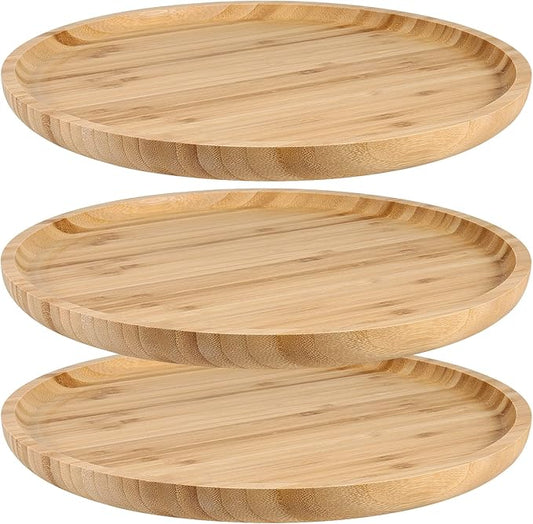 JOIKIT 3 Pack 12 Inch Bamboo Round Platter, Fine Polished Round Wood Plates Bamboo Serving Tray for Holding Fruit, Bread, Cheese, Nut, Coffee, Tea, Plant Saucer
