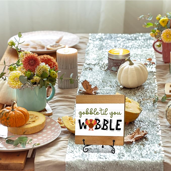 Fall Home Decor Indoor, Gobble Til You Wobble Thanksgiving Table Decor, 5"x5" Wood Plaque Gifts with Stand for Farmhouse Living Room Bathroom Kitchen Decoration -A08