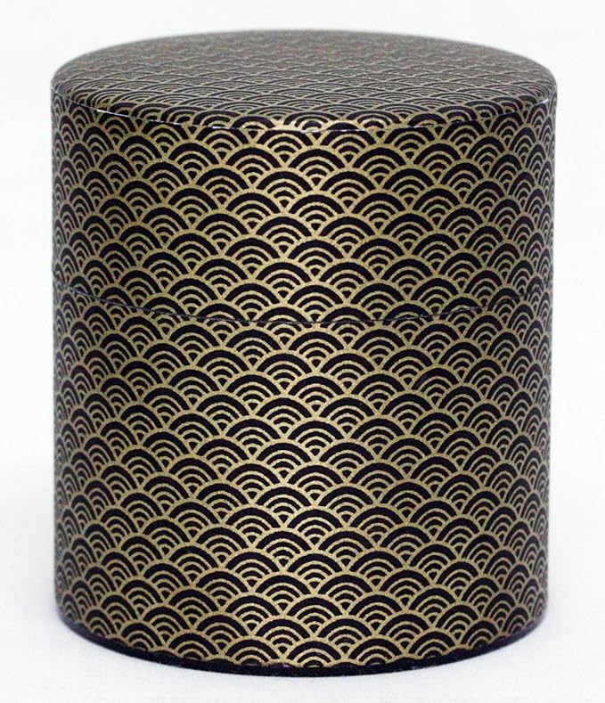 Washi Paper Tea Tin Canister: Wide 5.3oz (150g) Black waves with gold outlines (#91), Japan