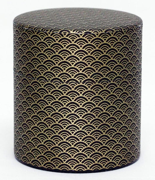 Washi Paper Tea Tin Canister: Wide 5.3oz (150g) Black waves with gold outlines (#91), Japan