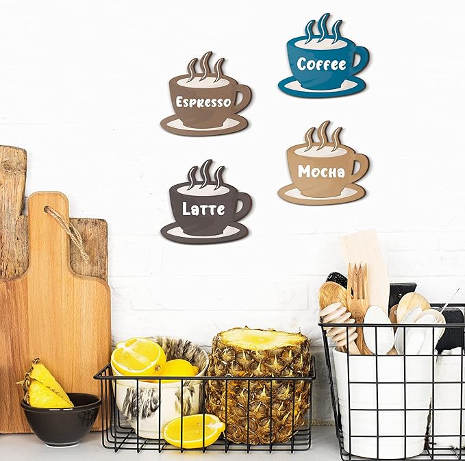Blulu 4 Pieces Coffee Wooden Wall Art Decor Wooden Coffee Cup Signs Espresso, Latte, Mocha - Rustic Farmhouse and Vintage Cafe Wall Decor