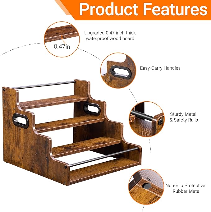 YQBRAO 4-Tier Tiered Liquor Bottle Display Shelf - 16-Inch Rustic Wood Liquor Rack & Coffee Syrup Organizer - Heavy-Duty Countertop Spice Rack with Guardrails & Handles for Bar, Kitchen, Office