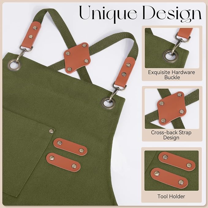 Chef Aprons for Men Women with Large Pockets, Cotton Canvas Water Repellent Kitchen Apron for Cooking - Image 5