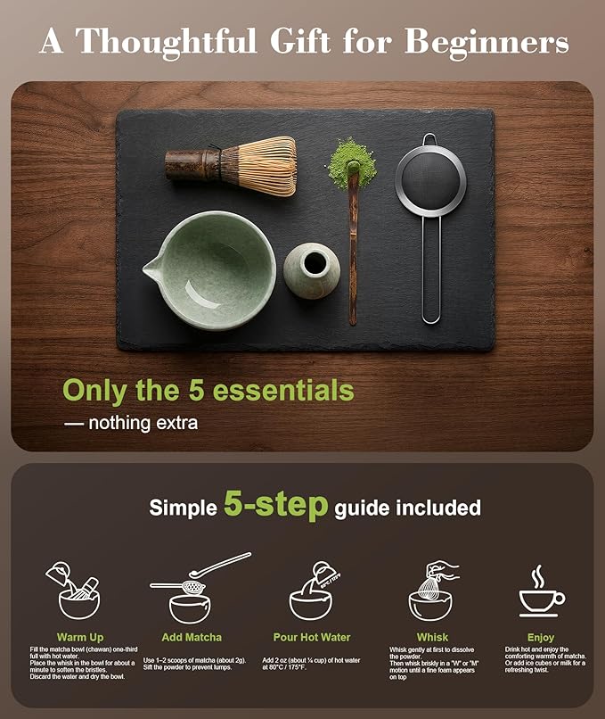 Matcha Whisk Set, Matcha Tea Kit with Purple Bamboo Whisk & Scoop, Ceramic Matcha Bowl and Whisk Holder, Strainer – Gift-Ready for Beginners, 5 Pcs Vfunza