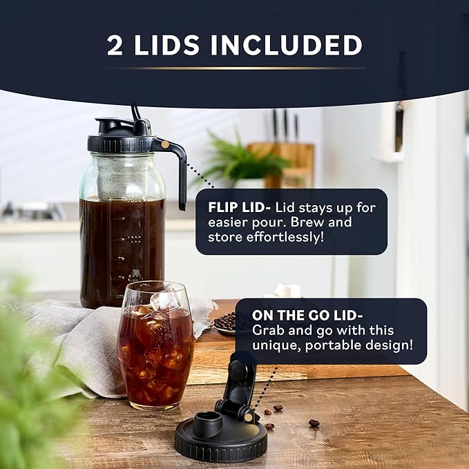 Home Hero Cold Brew Coffee Maker Glass Pitcher - Easy Mason-Style Cold Brew Jar - Smooth Iced Coffee Maker Experience - Leakproof Flip Cap & On-the-Go Lid for Iced Tea Pitcher - 64 Oz, Black