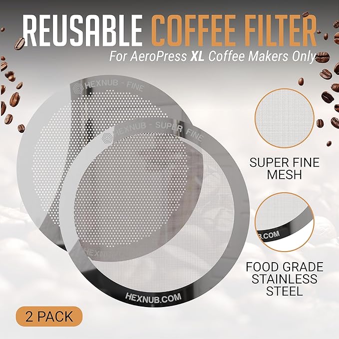 HEXNUB - Reusable Metal Filters for AeroPress XL Coffee Maker, Stainless Steel Filter Fits AeroPress XL Cafe Press, Fuller Bodied Coffee Than Paper Filters - SILVER 2 PACK