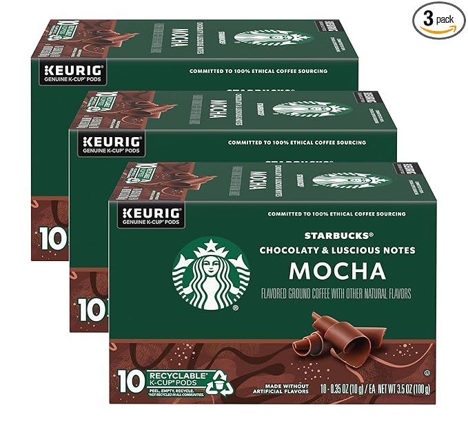 Starbucks Flavored Coffee K-Cup Pods, Mocha Flavored Coffee, Made without Artificial Flavors, Keurig Genuine K-Cup Pods, 10 CT K-Cups/Box (Pack of 3 Boxes)