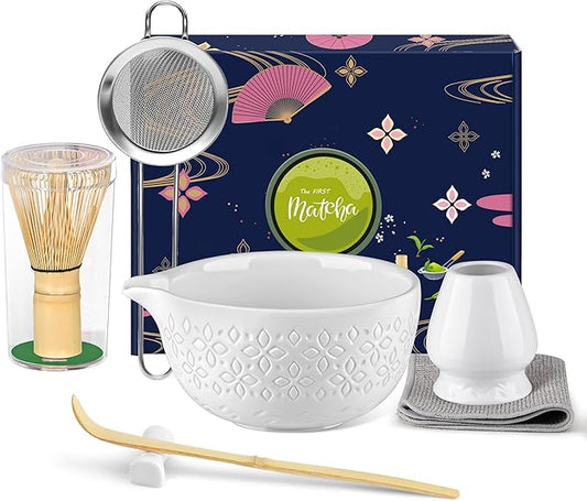 Matcha Whisk Set Matcha Kit - 7 Pcs Japanese Tea Set Includes Matcha Bowl with Spout,Bamboo Whisk with Ceramic Holder,Bamboo Scoop and Rest,Sifter,Tea Towel, for Ceremony Matcha Lovers Gift,White