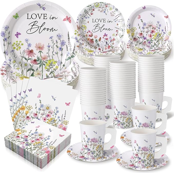 Pickmesh 252 Pcs Love in Bloom Tea Party Supplies for 36 Guests Wildflower Paper Disposable Dinnerware Flower Teacup with Handle and Saucers Set for Tea Party Decorations Birthday Baby Shower Wedding
