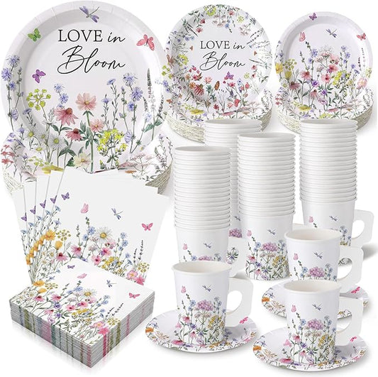 Pickmesh 252 Pcs Love in Bloom Tea Party Supplies for 36 Guests Wildflower Paper Disposable Dinnerware Flower Teacup with Handle and Saucers Set for Tea Party Decorations Birthday Baby Shower Wedding