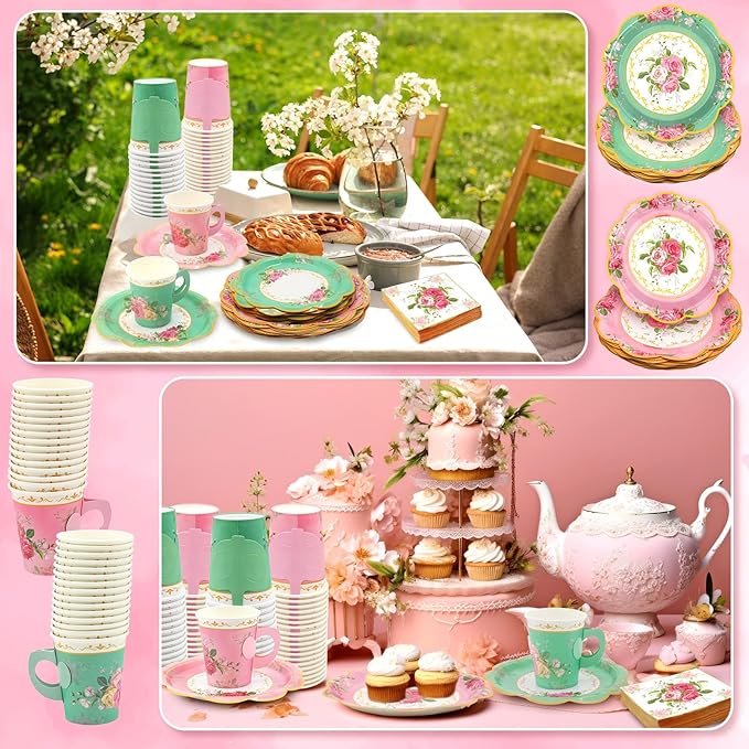 200Pcs Floral Tea Cups and Saucers for Tea Party Supplies, Disposable Tea Cups with Handle and Paper Napkins Dinnerware for Floral Theme Birthday Wedding Bridal Shower Baby Shower（Pink Green）