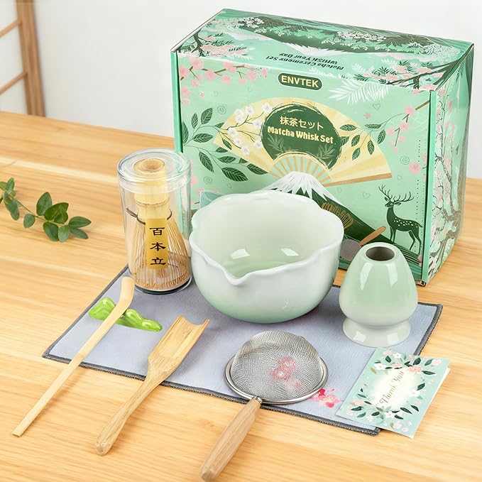 8Pcs Matcha Whisk Set with Floral Ceramic Matcha Bowl, Wooden-Handled Sifter, Bamboo Whisk, Whisk Holder, Bamboo Scoop, Scoop Rest, Spoon, Tea Towel, Greeting card, Gift for Beginners