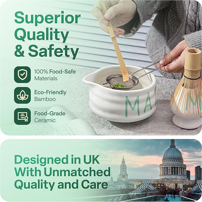 Matcha Whisk Set with 'matcha' Design - 6 Piece Ceramic Matcha Set with a Bowl, Whisk, Stand, Spoon and Sifter - Designed in the UK - Gift Set