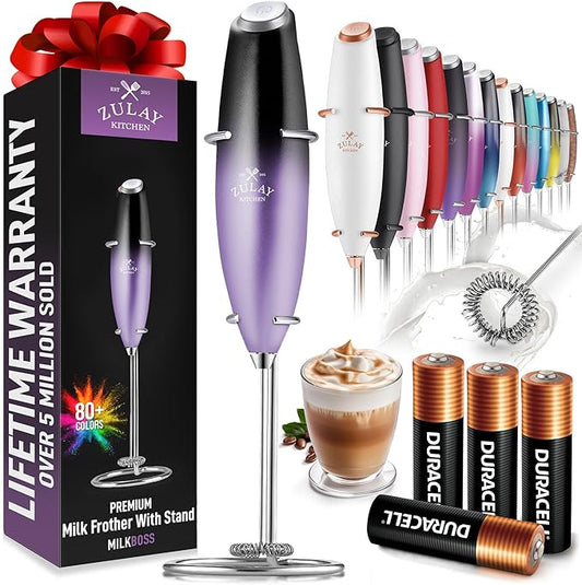 Zulay Kitchen Powerful Milk Frother Wand With 4 AA Duracell Batteries - Ultra Fast Handheld Drink Mixer - Electric Whisk Foam Maker for Coffee, Lattes, Cappuccino, Matcha & Creamer