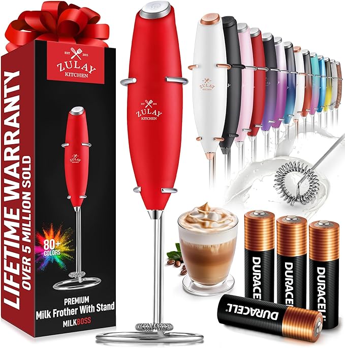 Zulay Kitchen Powerful Milk Frother Wand With 4 AA Duracell Batteries - Ultra Fast Handheld Drink Mixer - Electric Whisk Foam Maker for Coffee, Lattes, Cappuccino, Matcha & Creamer