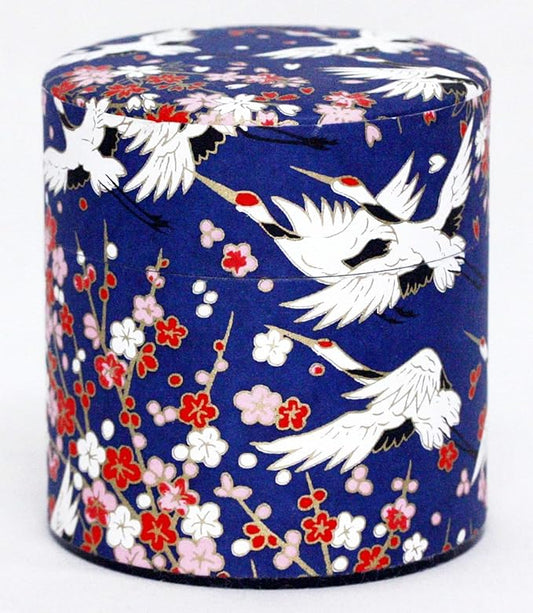 Washi Paper Tea Tin Canister: Wide 3.5oz (100g) Flying Cranes in the Spring (#27), Japan