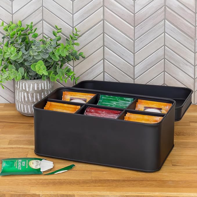 AuldHome Design Enamelware Tea Bag Box (Black), Classic Sleek Style Tea Storage Tin