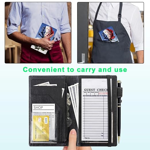Server Books for Waitress, 5x9 Inch Waitstaff Server Order Pads, 11 Large Pockets, Cute PU Leather Waitress Book Server Wallet with Elastic Band Fit Server Apron,USA Flag Rose - Image 4