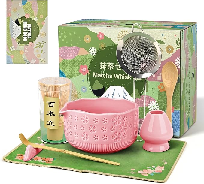 Matcha Whisk Set, 7 Pcs Matcha Making Kit with Matcha Bowl, Matcha Whisk and Holder, Bamboo Scoop, Scoop Rest, Sifter and Tea Towel，Gifts for Christmas Birthday