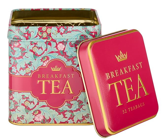 New English Teas Victorian Garden Tea Tin with 32 English Breakfast Teabags – Tapestry Inspired Tin with Decorative Pink Florals