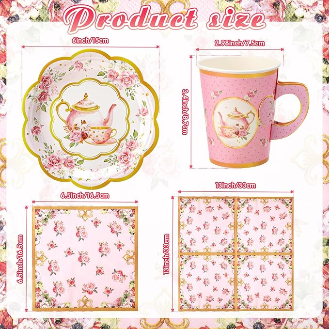Vesici 150 Pcs Floral Tea Party Decorations for Table 9 oz Disposable Paper Tea Cups with Handles Plates, Saucers and Napkins Set for Spring Party Girl Birthday Wedding Mothers Day(Teapot)