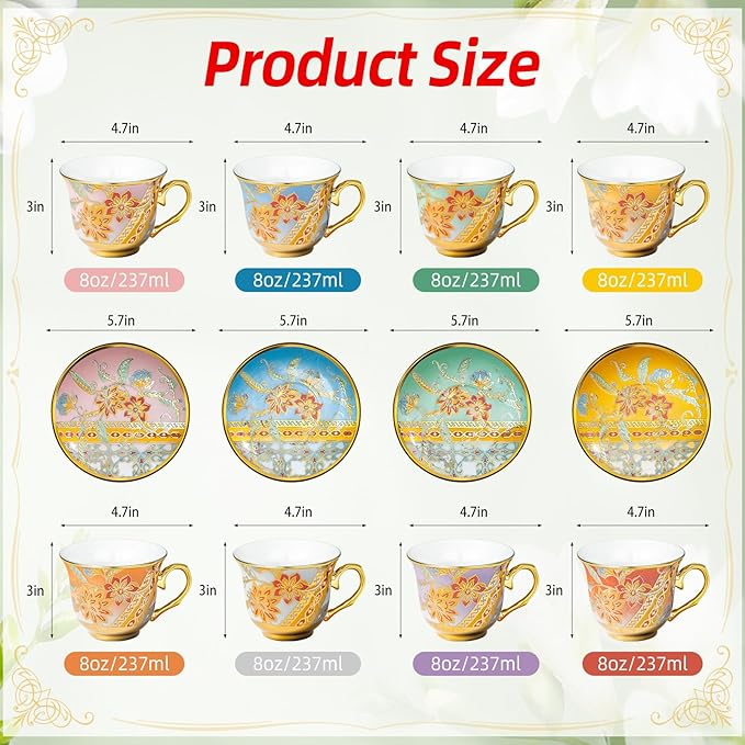 Tea Cups and Saucers Set of 8, 8 OZ Floral Tea Cup with Saucer, Vintage Tea Cups Porcelain Tea Set with Spoon for Latte , Mocha , Afternoon Tea Birthday Party Supply Thanksgiving Day Halloween gifts