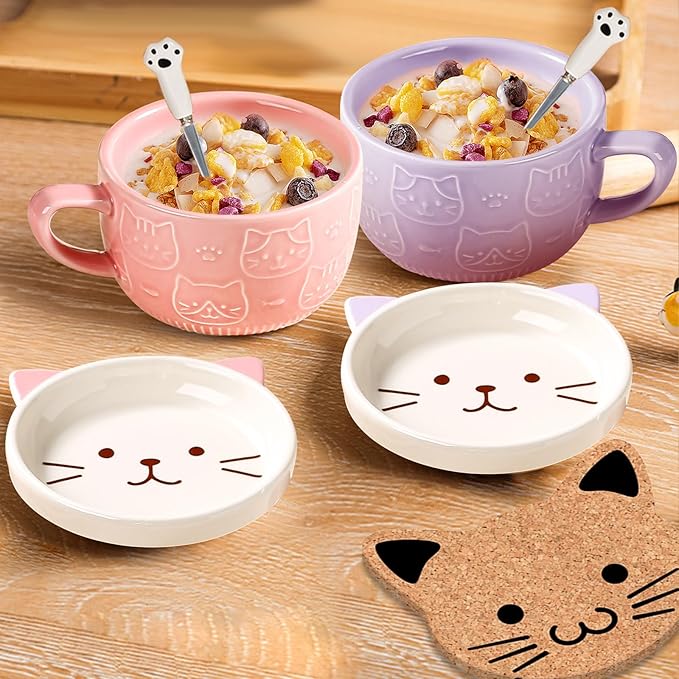 BigNoseDeer Cute Cat Mug Kawaii Tea Cup Purple Ceramic Coffee Mug with lid,Tea Cups and Saucers for Dessert Cute Gifts Cat Gifts for cat Lovers Christmas gifts 10oz(Purple)