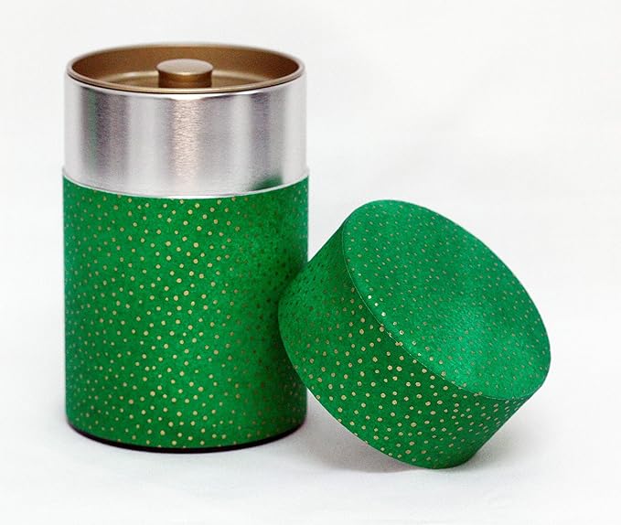 Washi Paper Tea Tin Canister: Long 5.3oz (150g) Dotted Green (#6), Japan