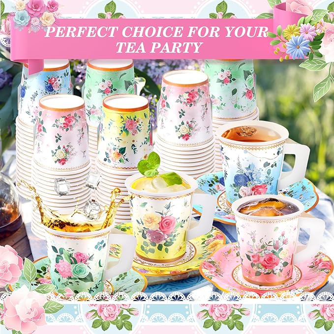 160 Pcs Floral Paper Tea Cups and Saucers 7 OZ Disposable Paper Tea Cups with Handle and Plates for Tea Party Decoration Birthday Baby Shower Bridal Wedding Mother's Day