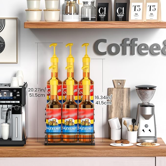 THYGIFTREE Coffee Syrup Rack Organizer 6 Bottle Syrup Holder Stand, 2-Tier Bottle Rack Storage Shelf for Kitchen Coffee Bar Station, Tabletop Bottle Display