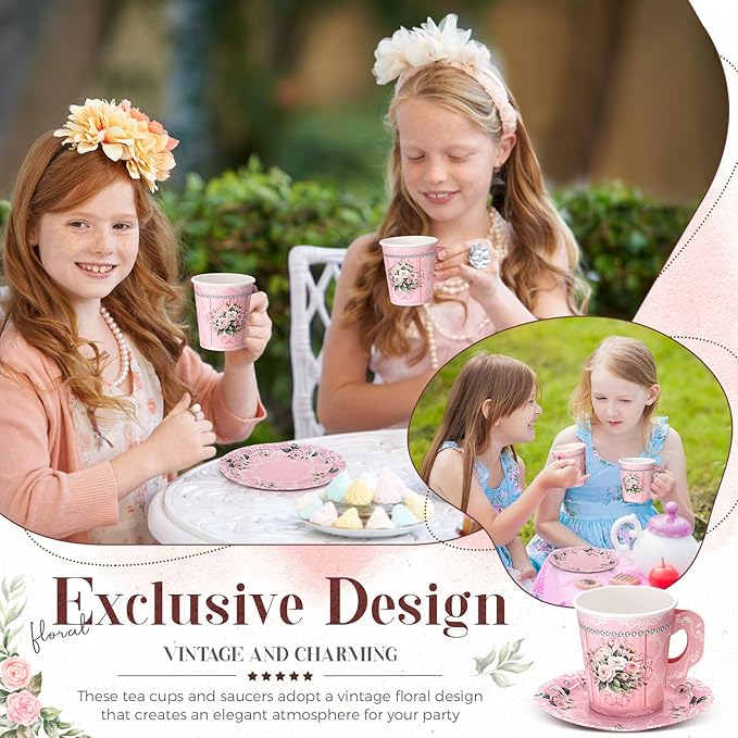 200 Pcs Floral Paper Tea Cups and Saucers 7 oz Disposable Tea Party Decorations Vintage Cute Paper Tea Cups and Plates with Handles for Girls Wedding Baby Bridal Shower Birthday, Serve 100(Pink)
