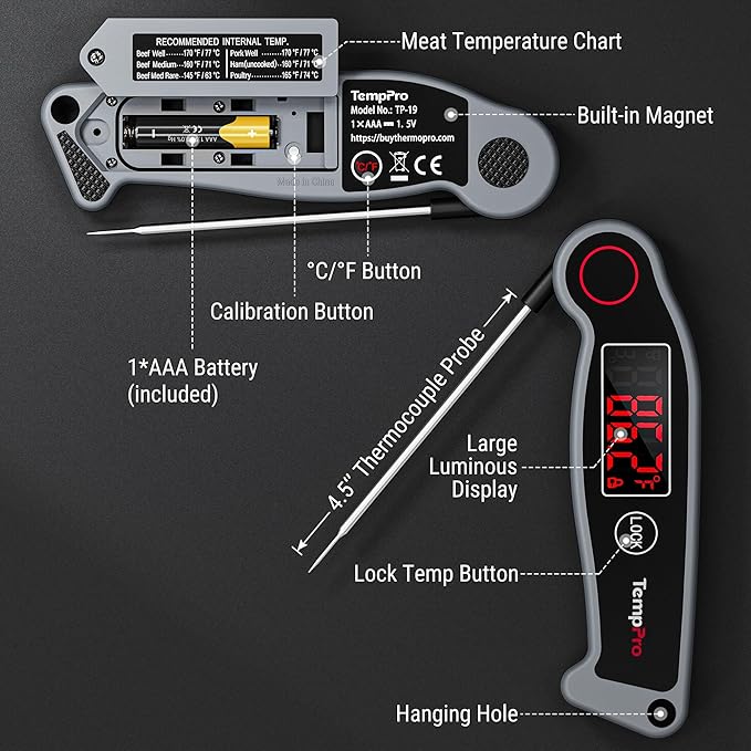 ThermoPro TP19 Waterproof Digital Meat Thermometer for Grilling with Ambidextrous Backlit & Thermocouple Instant Read Kitchen Cooking Food Thermometer for Candy Water Oil BBQ Grill Smoker