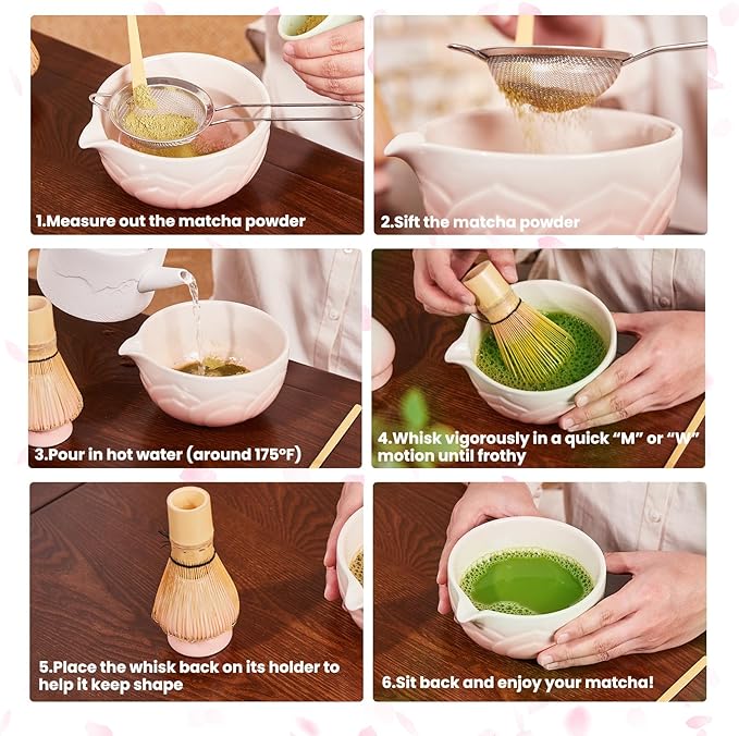 Matcha Whisk Set, Lotus Cyan Ceramic Matcha Set Includes Matcha Bowl, Matcha Whisk (Chasen) and Holder, Sifter, Bamboo Scoop & Spoon - 6 Pcs Matcha Kit for Matcha Lovers