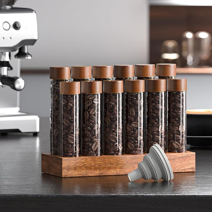 Coffee Bean Cellars with Stand & Hopper, Single Dose Coffee Bean Storage, 12 Pcs Espresso Bean Container with Wooden Holder, Dosing Glass Vials with Lids and Funnel for Coffee, Spices, Tea
