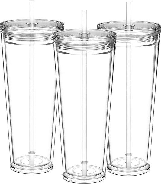 Suertestarry 24 oz Clear Tumblers with Lid and Straw, 3 Pack Plastic Tumblers, Reusable Double Wall Insulated Cups for Travel,Parties, Birthdays,Gifts(3 Pack Transparent)