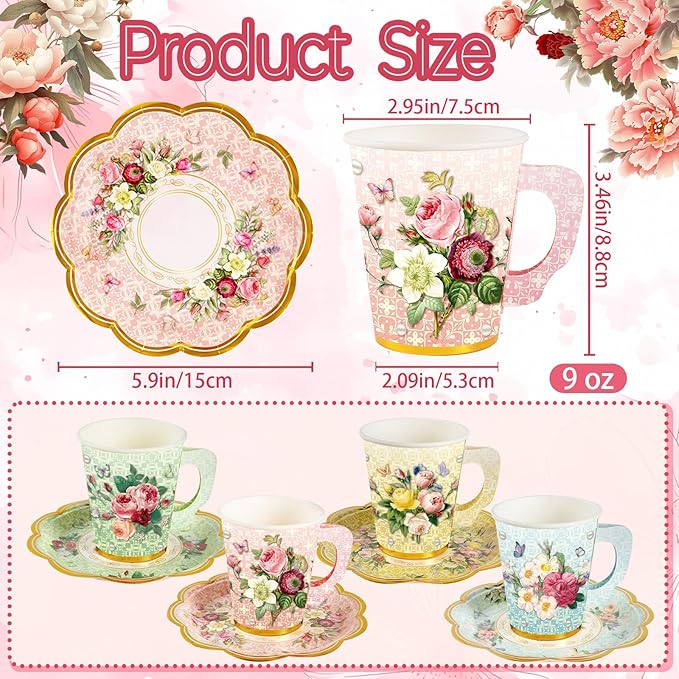 280PCS Spring Tea Party Decorations, Floral Paper Tea Cups & Saucer Set, Disposable Floral Cups With Handle Napkins Plates Knives Forks for Girls Kids Afternoon Tea Birthday, Wedding Party Supplies