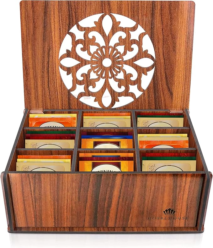RoyalHouse Premium Wood (Hard MDF) Tea Storage Box Organizer (Brown), Eco-Friendly Multi-Functional Decorative Box, 9 Compartments For Assorted Variety Of Tea Bags and Small Items