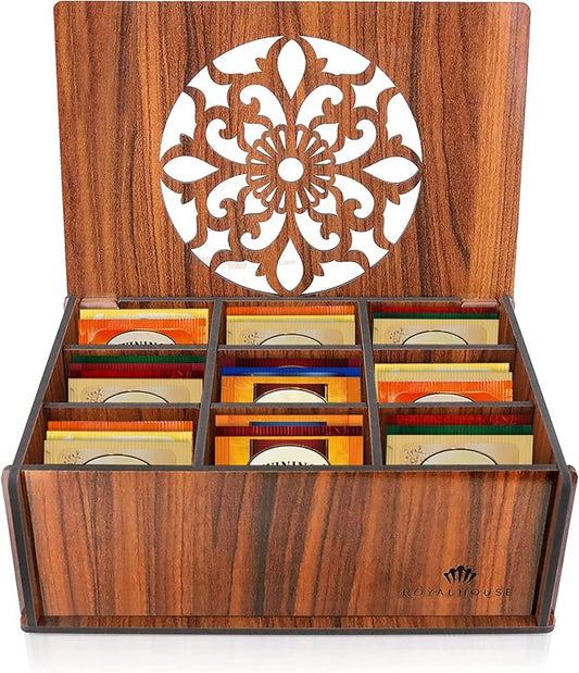 RoyalHouse Premium Wood (Hard MDF) Tea Storage Box Organizer (Brown), Eco-Friendly Multi-Functional Decorative Box, 9 Compartments For Assorted Variety Of Tea Bags and Small Items