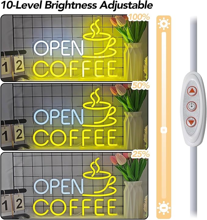 Open Coffee LED Neon Sign for Shops, Home Coffee Bar Essential, Espresso Stations, Front Window, Nook Decors,10-Level Brightness Adjustable, Neon Light Sign 17Inch,Warm White and Yellow for Mother's Day Décor Gifts
