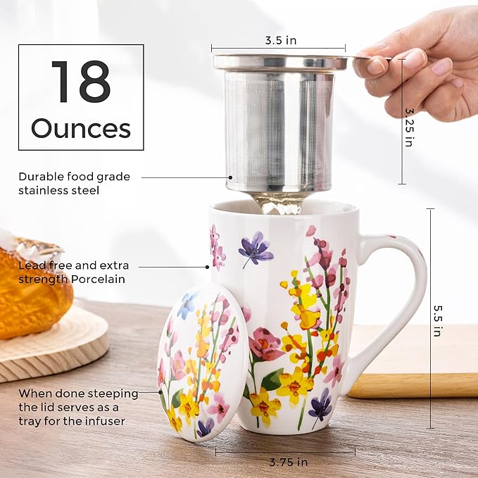 GBhome Tea Mug with Infuser and Lid, 18 Ounce Large Ceramic Loose Leaf Cup, Microwave, Dishwasher Safe, Perfect for Tea Lovers